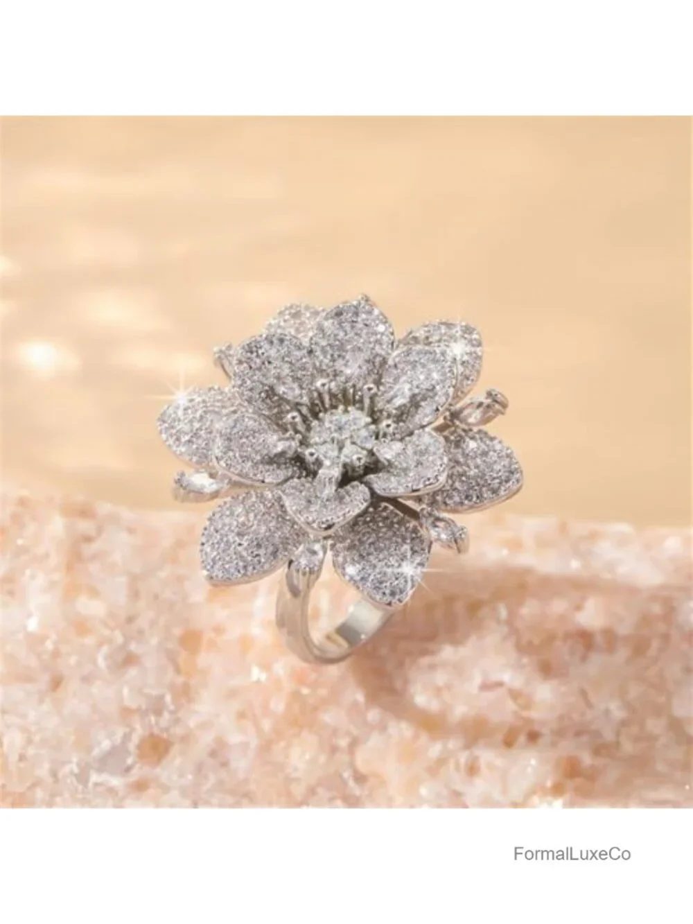 Double Layered Rhinestone Flower Ring Cubic Zirconia Wrap Finger Band